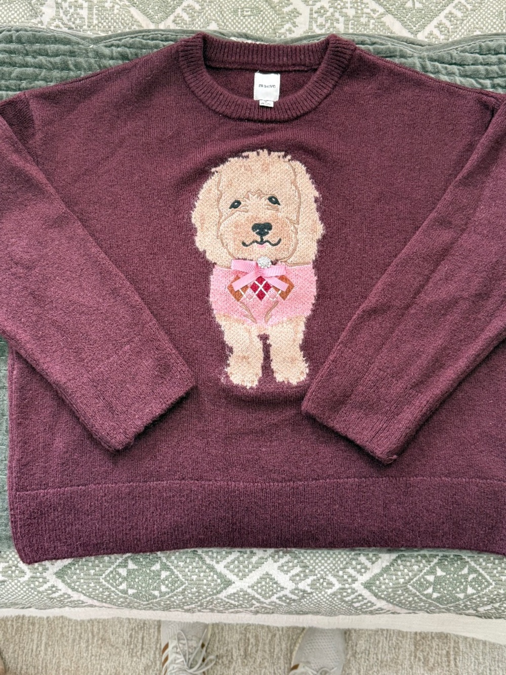 Maeve Anthropologie Burgundy Dog Appliqué Sweater Pink Bow